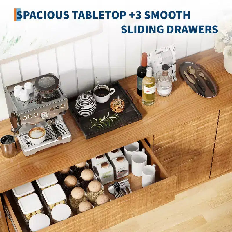 Bahut de 61 po style Mid-Century avec rainures ondulées – 3 tiroirs et étagère réglable pour cuisine, salle à manger, salon – Marron Teck