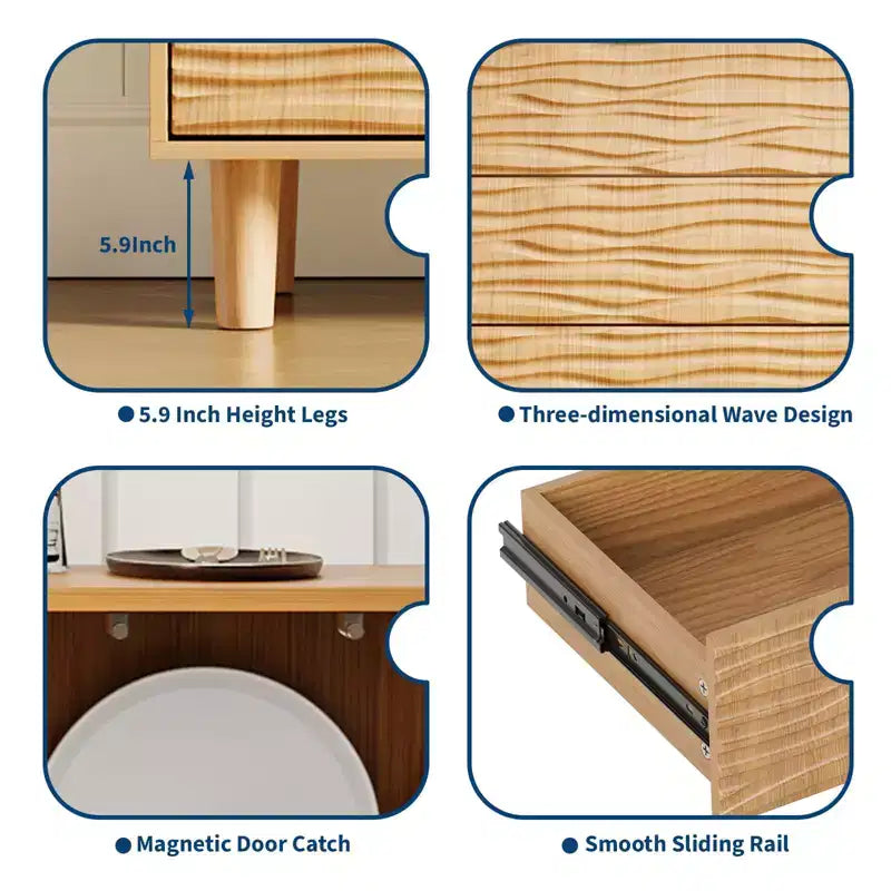 Bahut de 61 po style Mid-Century avec rainures ondulées – 3 tiroirs et étagère réglable pour cuisine, salle à manger, salon – Marron Teck