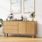 Bahut de 61 po style Mid-Century avec rainures ondulées – 3 tiroirs et étagère réglable pour cuisine, salle à manger, salon – Marron Teck