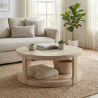 JVNOXK 40-inch oversized curved double-layer traditional round wooden center coffee table with casters, mid-century rustic style table
