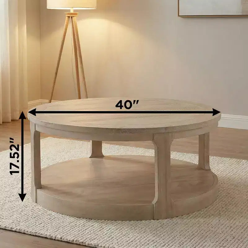 JVNOXK Table basse centrale ronde traditionnelle en bois de 40 pouces, courbée, à double couche, surdimensionnée, avec roulettes, style rustique du milieu du siècle