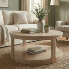 JVNOXK Table basse centrale ronde traditionnelle en bois de 40 pouces, courbée, à double couche, surdimensionnée, avec roulettes, style rustique du milieu du siècle