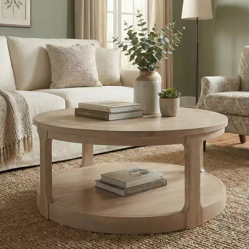JVNOXK Table basse centrale ronde traditionnelle en bois de 40 pouces, courbée, à double couche, surdimensionnée, avec roulettes, style rustique du milieu du siècle
