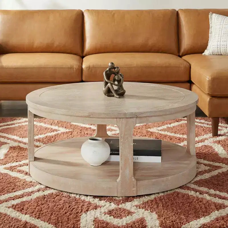 JVNOXK Table basse centrale ronde traditionnelle en bois de 40 pouces, courbée, à double couche, surdimensionnée, avec roulettes, style rustique du milieu du siècle