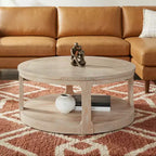 JVNOXK Table basse centrale ronde traditionnelle en bois de 40 pouces, courbée, à double couche, surdimensionnée, avec roulettes, style rustique du milieu du siècle