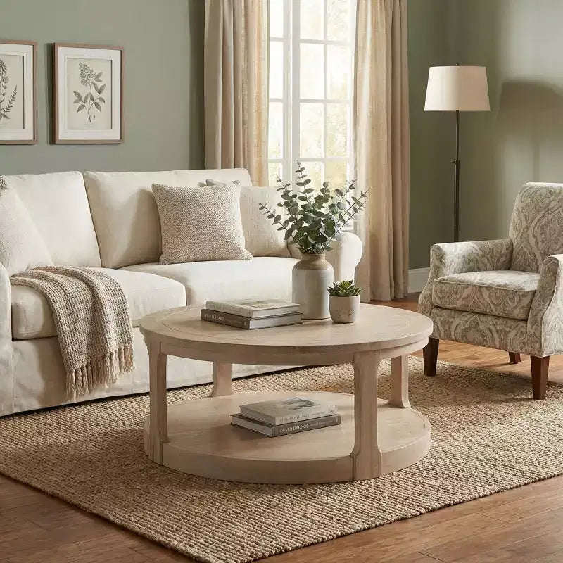 JVNOXK Table basse centrale ronde traditionnelle en bois de 40 pouces, courbée, à double couche, surdimensionnée, avec roulettes, style rustique du milieu du siècle