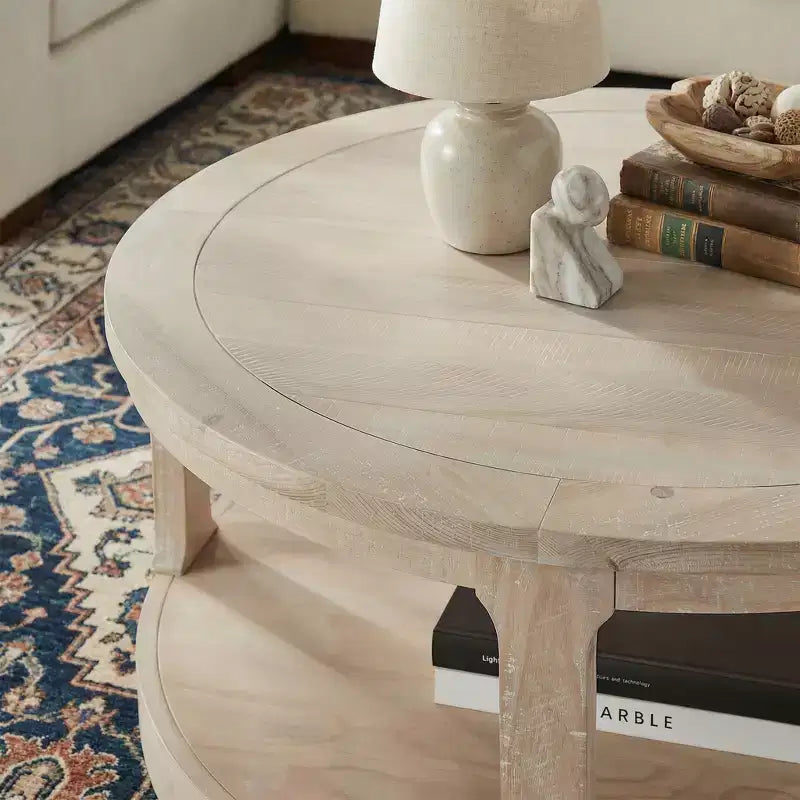 JVNOXK Table basse centrale ronde traditionnelle en bois de 40 pouces, courbée, à double couche, surdimensionnée, avec roulettes, style rustique du milieu du siècle