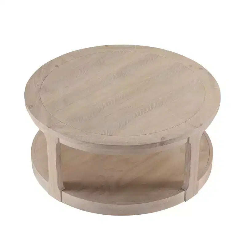JVNOXK Table basse centrale ronde traditionnelle en bois de 40 pouces, courbée, à double couche, surdimensionnée, avec roulettes, style rustique du milieu du siècle