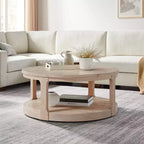 JVNOXK Table basse centrale ronde traditionnelle en bois de 40 pouces, courbée, à double couche, surdimensionnée, avec roulettes, style rustique du milieu du siècle
