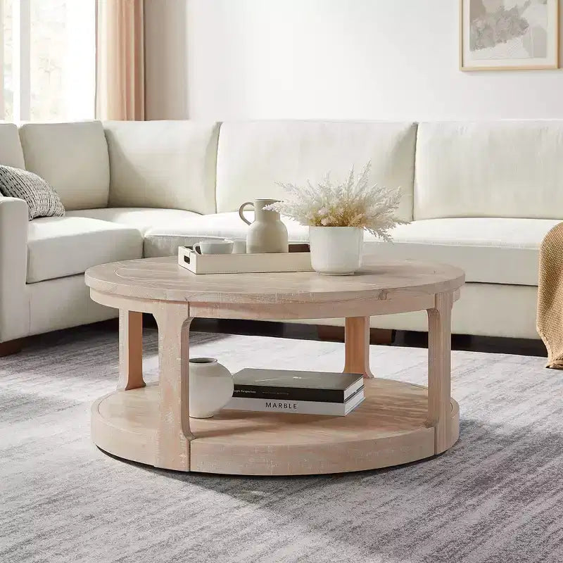 JVNOXK Table basse centrale ronde traditionnelle en bois de 40 pouces, courbée, à double couche, surdimensionnée, avec roulettes, style rustique du milieu du siècle
