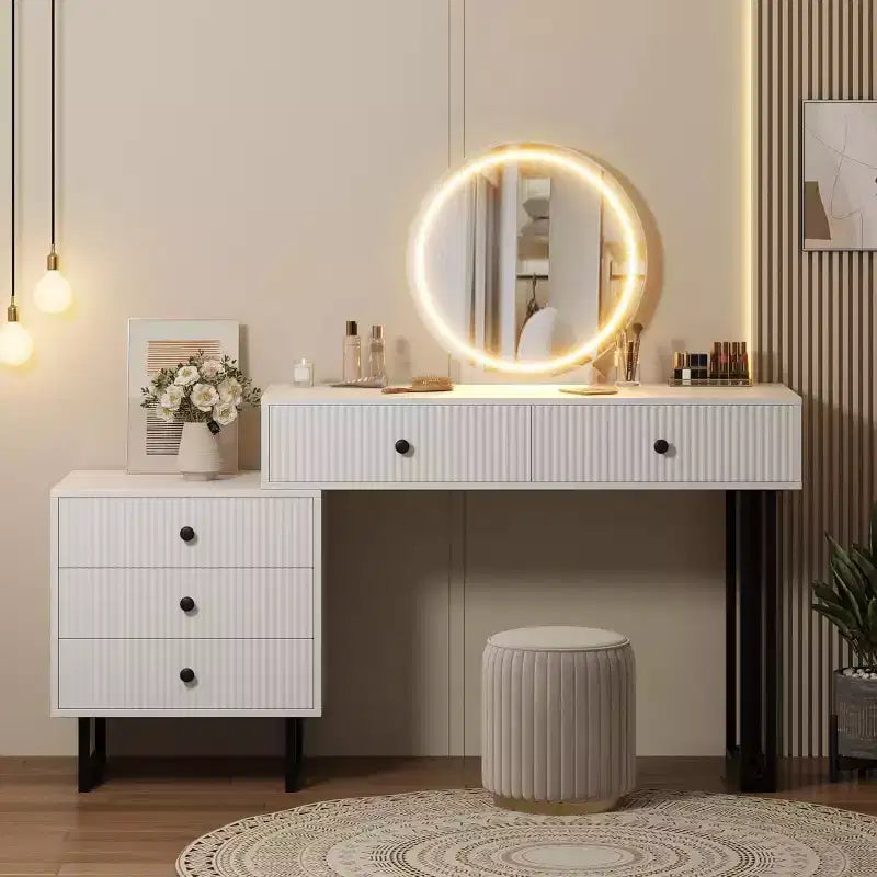 Modern Makeup Vanity Desk with Mirror, Lights & 5 Drawers,Bedroom Vanity Organizer