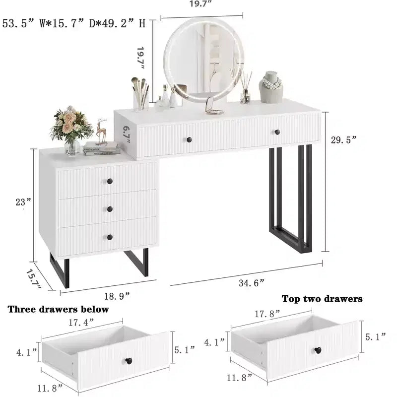 Coiffeuse moderne avec miroir, lumières et 5 tiroirs, organisateur de vanité de chambre à coucher