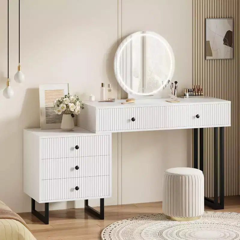 Coiffeuse moderne avec miroir, lumières et 5 tiroirs, organisateur de vanité de chambre à coucher