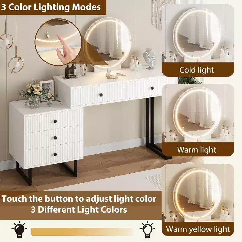 Coiffeuse moderne avec miroir, lumières et 5 tiroirs, organisateur de vanité de chambre à coucher