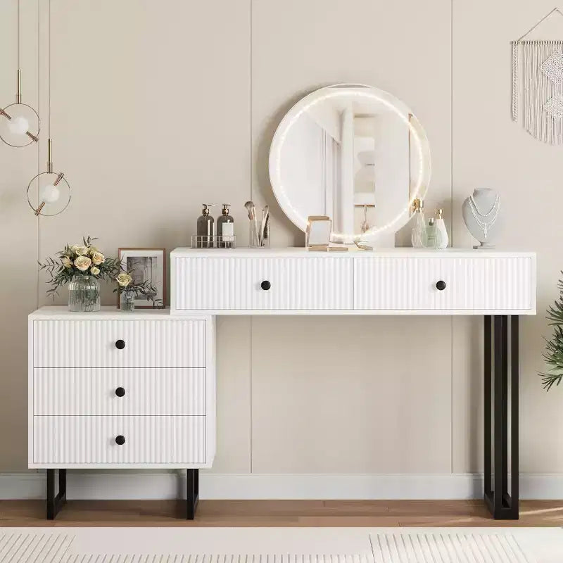 Coiffeuse moderne avec miroir, lumières et 5 tiroirs, organisateur de vanité de chambre à coucher