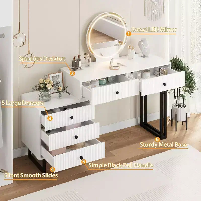 Coiffeuse moderne avec miroir, lumières et 5 tiroirs, organisateur de vanité de chambre à coucher