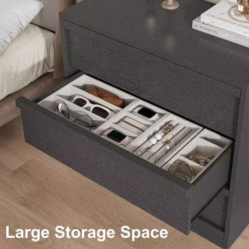 Table de chevet à 3 tiroirs, table de bout de lit de 76 cm de hauteur avec rangement spacieux, dispositif anti-basculement, organisateur de table d'appoint moderne pour chambre et salon