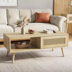 Table basse en bois avec rangement - Table de salon bohème avec porte coulissante et étagère ouverte pour salon, chambre à coucher, montage facile