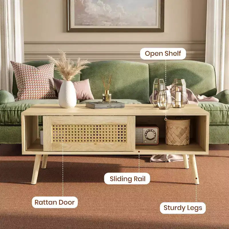 Table basse en bois avec rangement - Table de salon bohème avec porte coulissante et étagère ouverte pour salon, chambre à coucher, montage facile
