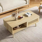 Table basse en bois avec rangement - Table de salon bohème avec porte coulissante et étagère ouverte pour salon, chambre à coucher, montage facile