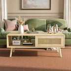 Table basse en bois avec rangement - Table de salon bohème avec porte coulissante et étagère ouverte pour salon, chambre à coucher, montage facile