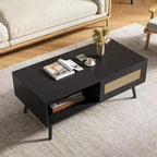Table basse en bois avec rangement - Table de salon bohème avec porte coulissante et étagère ouverte pour salon, chambre à coucher, montage facile