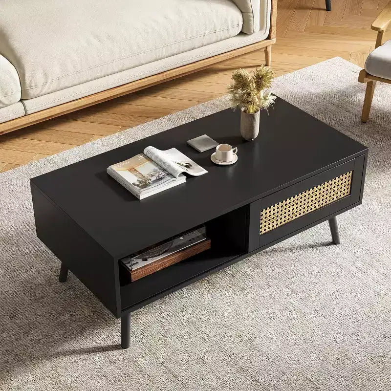 Table basse en bois avec rangement - Table de salon bohème avec porte coulissante et étagère ouverte pour salon, chambre à coucher, montage facile