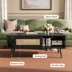 Table basse en bois avec rangement - Table de salon bohème avec porte coulissante et étagère ouverte pour salon, chambre à coucher, montage facile