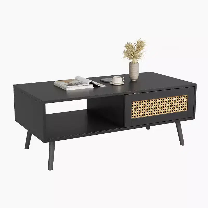 Wood Coffee Table with Storage - Boho Center Sofa Table with Sliding Door and Open Shelf for Living Room, Bedroom, Easy Assembly