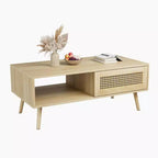 Table basse en bois avec rangement - Table de salon bohème avec porte coulissante et étagère ouverte pour salon, chambre à coucher, montage facile