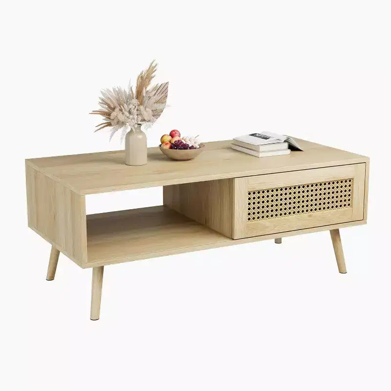 Table basse en bois avec rangement - Table de salon bohème avec porte coulissante et étagère ouverte pour salon, chambre à coucher, montage facile