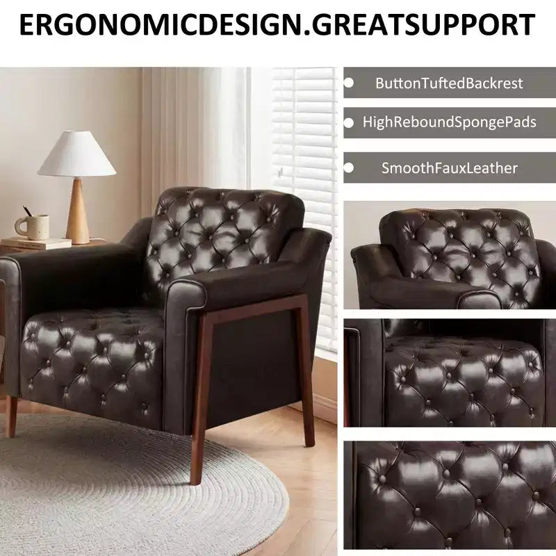Dyonery Fauteuil d'appoint confortable en cuir PU Chaises de salon modernes Fauteuil de lecture de bureau du milieu du siècle, Canapé simple, Fauteuil pour chambre à coucher, Appartement