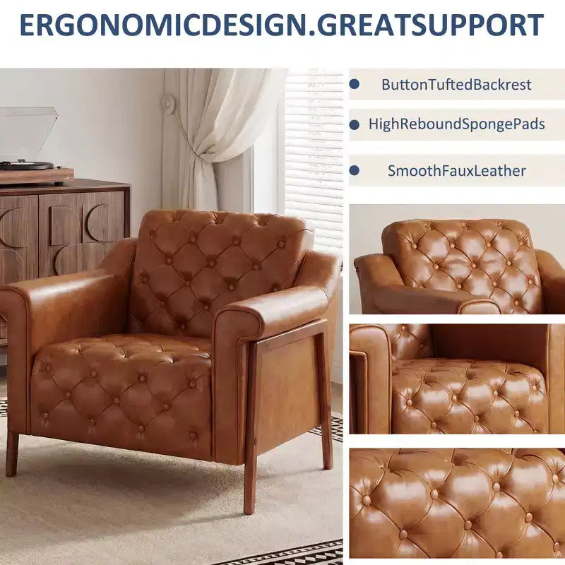 Dyonery Fauteuil d'appoint confortable en cuir PU Chaises de salon modernes Fauteuil de lecture de bureau du milieu du siècle, Canapé simple, Fauteuil pour chambre à coucher, Appartement