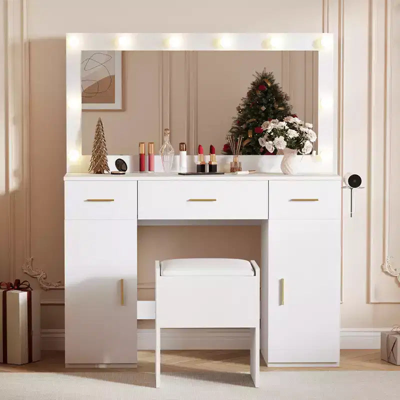 Vanity Desk Set with Large Lighted Mirror, 3 Drawers & 2 Cabinets, Built-in Hair Dryer Rack Storage Stool, Dressing Table for Bedroom