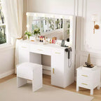 Coiffeuse avec grand miroir éclairé, 3 tiroirs et 2 placards, porte-sèche-cheveux intégré et tabouret, table de maquillage pour chambre à coucher