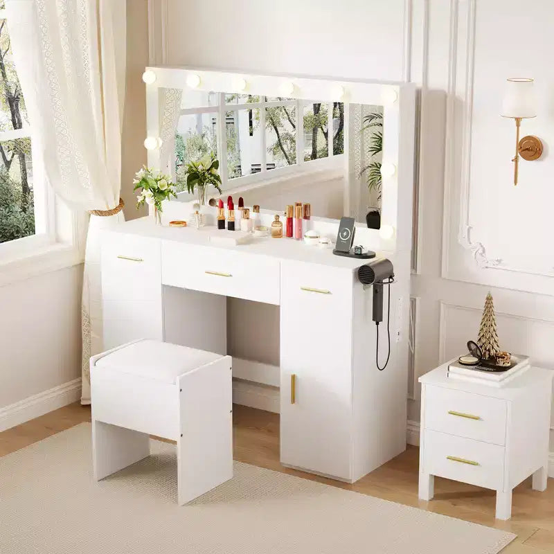 Coiffeuse avec grand miroir éclairé, 3 tiroirs et 2 placards, porte-sèche-cheveux intégré et tabouret, table de maquillage pour chambre à coucher