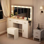 Coiffeuse avec grand miroir éclairé, 3 tiroirs et 2 placards, porte-sèche-cheveux intégré et tabouret, table de maquillage pour chambre à coucher