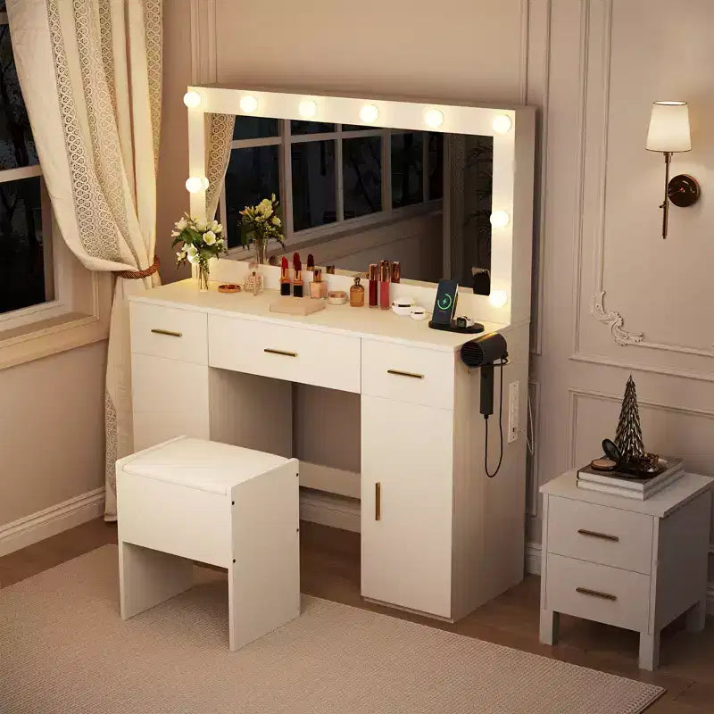 Coiffeuse avec grand miroir éclairé, 3 tiroirs et 2 placards, porte-sèche-cheveux intégré et tabouret, table de maquillage pour chambre à coucher