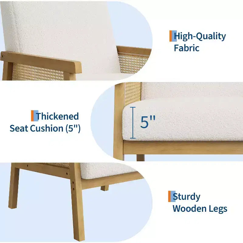 Fauteuil d'appoint moderne en rotin avec dossier haut et cadre en bois, fauteuil rembourré en bouclette ou en similicuir pour salon, chambre, réception, blanc ou marron