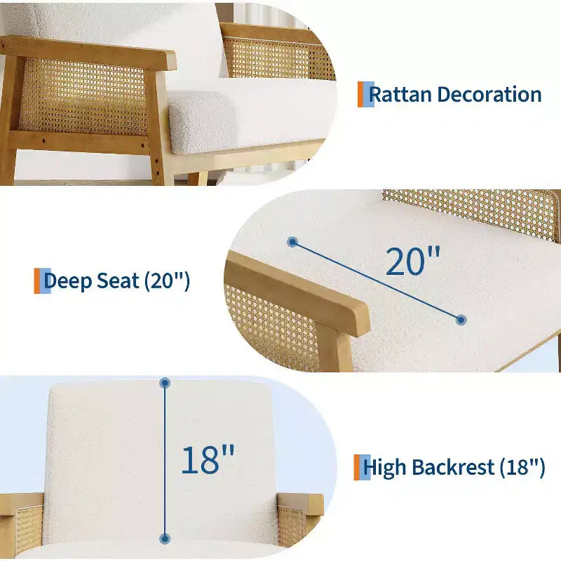 Fauteuil d'appoint moderne en rotin avec dossier haut et cadre en bois, fauteuil rembourré en bouclette ou en similicuir pour salon, chambre, réception, blanc ou marron