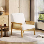 Fauteuil d'appoint moderne en rotin avec dossier haut et cadre en bois, fauteuil rembourré en bouclette ou en similicuir pour salon, chambre, réception, blanc ou marron