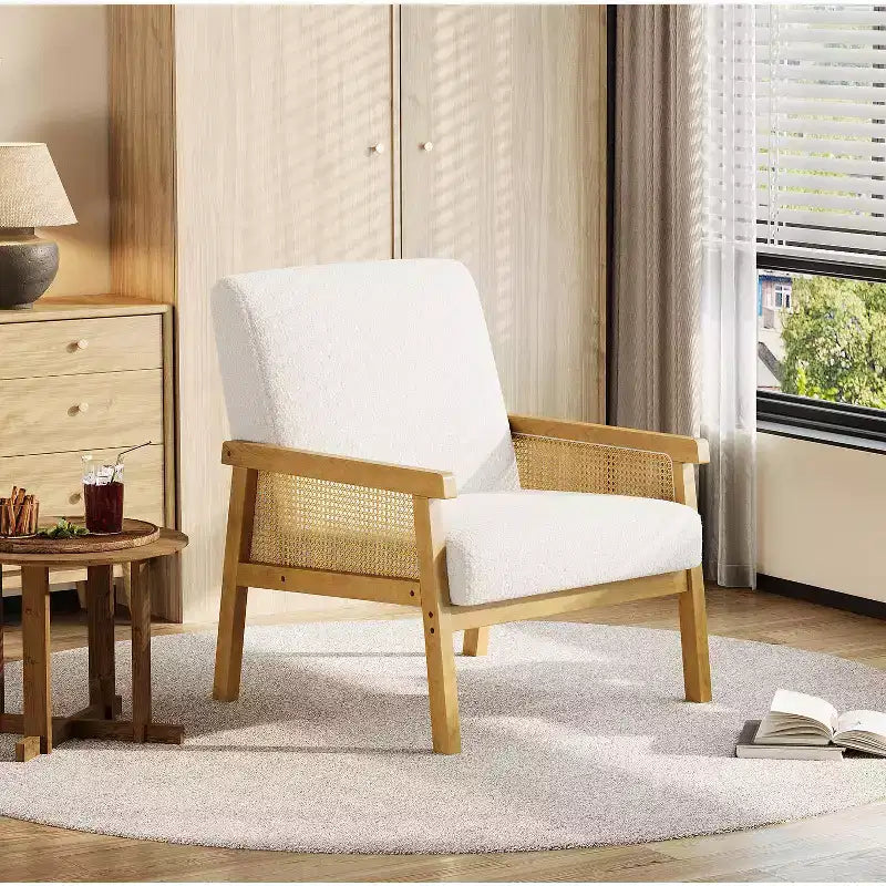 Fauteuil d'appoint moderne en rotin avec dossier haut et cadre en bois, fauteuil rembourré en bouclette ou en similicuir pour salon, chambre, réception, blanc ou marron
