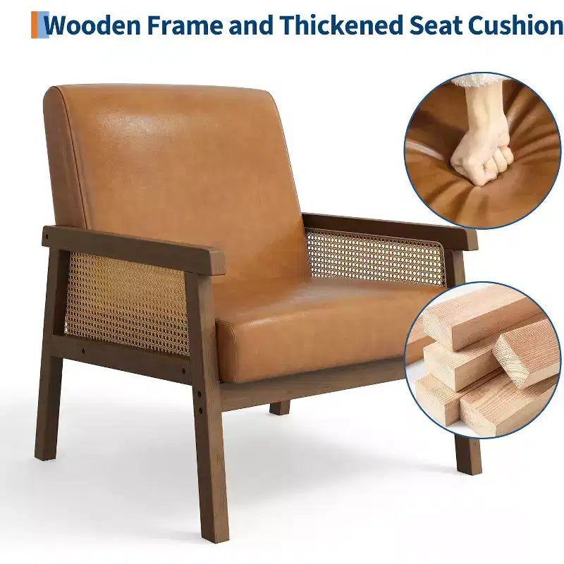 Fauteuil d'appoint moderne en rotin avec dossier haut et cadre en bois, fauteuil rembourré en bouclette ou en similicuir pour salon, chambre, réception, blanc ou marron
