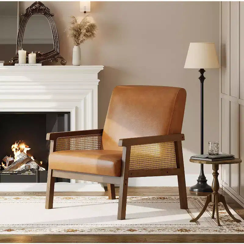 Fauteuil d'appoint moderne en rotin avec dossier haut et cadre en bois, fauteuil rembourré en bouclette ou en similicuir pour salon, chambre, réception, blanc ou marron