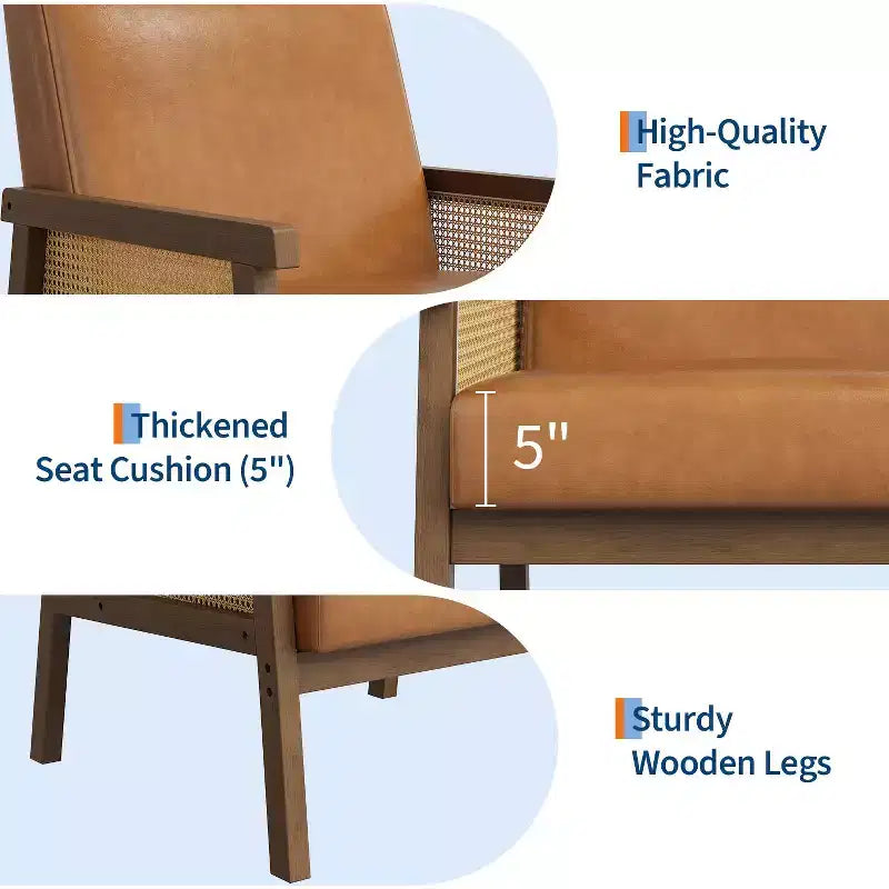 Fauteuil d'appoint moderne en rotin avec dossier haut et cadre en bois, fauteuil rembourré en bouclette ou en similicuir pour salon, chambre, réception, blanc ou marron