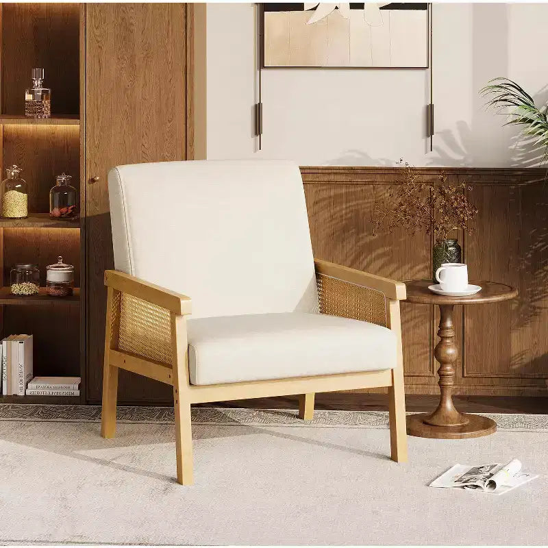 Fauteuil d'appoint moderne en rotin avec dossier haut et cadre en bois, fauteuil rembourré en bouclette ou en similicuir pour salon, chambre, réception, blanc ou marron