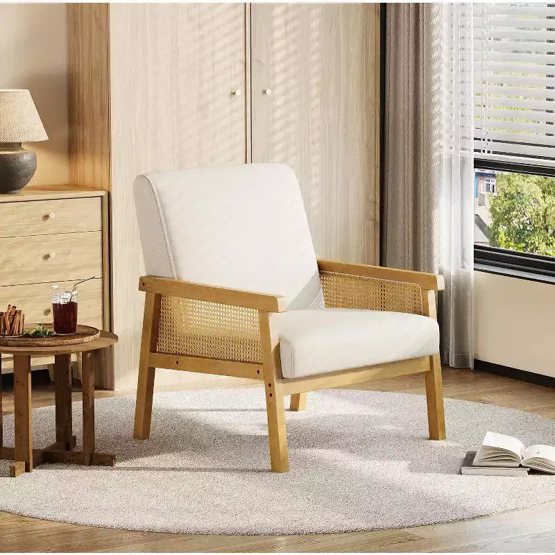 Fauteuil d'appoint moderne en rotin avec dossier haut et cadre en bois, fauteuil rembourré en bouclette ou en similicuir pour salon, chambre, réception, blanc ou marron