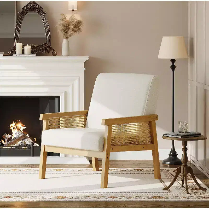 Fauteuil d'appoint moderne en rotin avec dossier haut et cadre en bois, fauteuil rembourré en bouclette ou en similicuir pour salon, chambre, réception, blanc ou marron