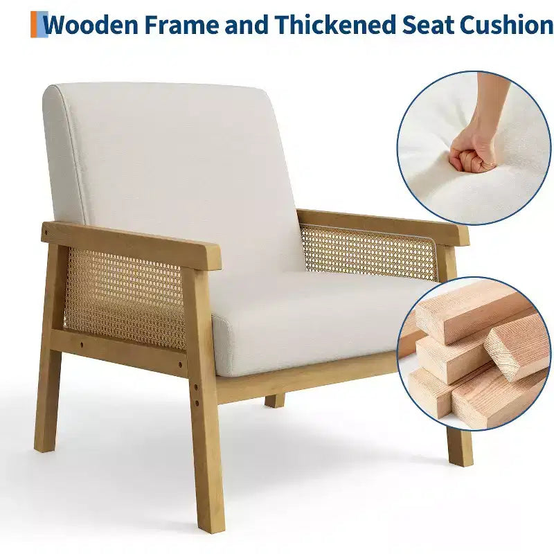 Fauteuil d'appoint moderne en rotin avec dossier haut et cadre en bois, fauteuil rembourré en bouclette ou en similicuir pour salon, chambre, réception, blanc ou marron