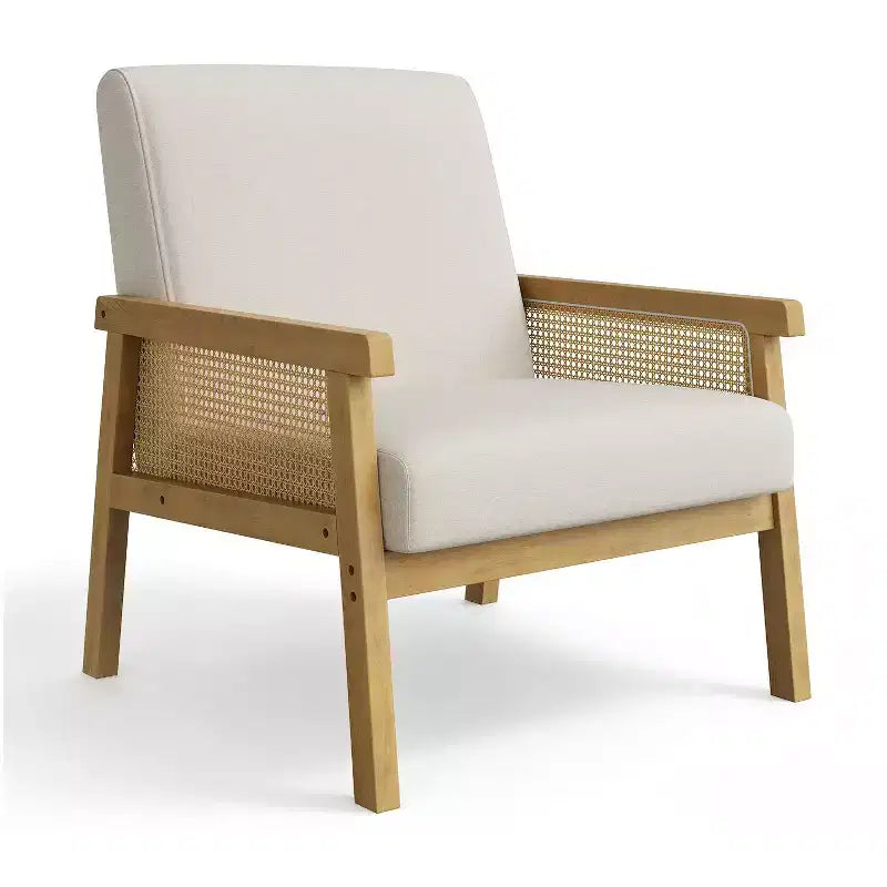 Modern Rattan Accent Chair with High Back Wood Frame, Upholstered Boucle or Faux Leather Armchair for Living Room Bedroom Reception, White Brown